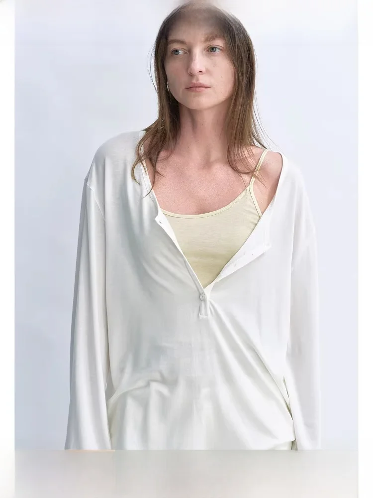 

Planites Vol6 Lightweight Breathable Wool Lyocell Long Sve irt Physical Sun Protection Large Open Collar Women's T-irt