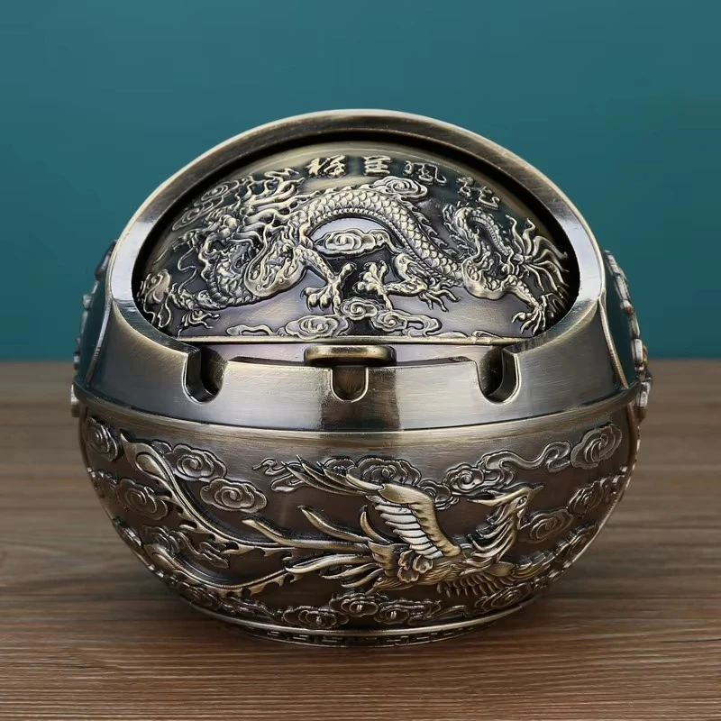 

2026 New Ashtray Zinc Alloy Windproof Semi Closed Cover 3D Enamel Design Globe Ashtray Large-bronze-Dragon and Phoenix