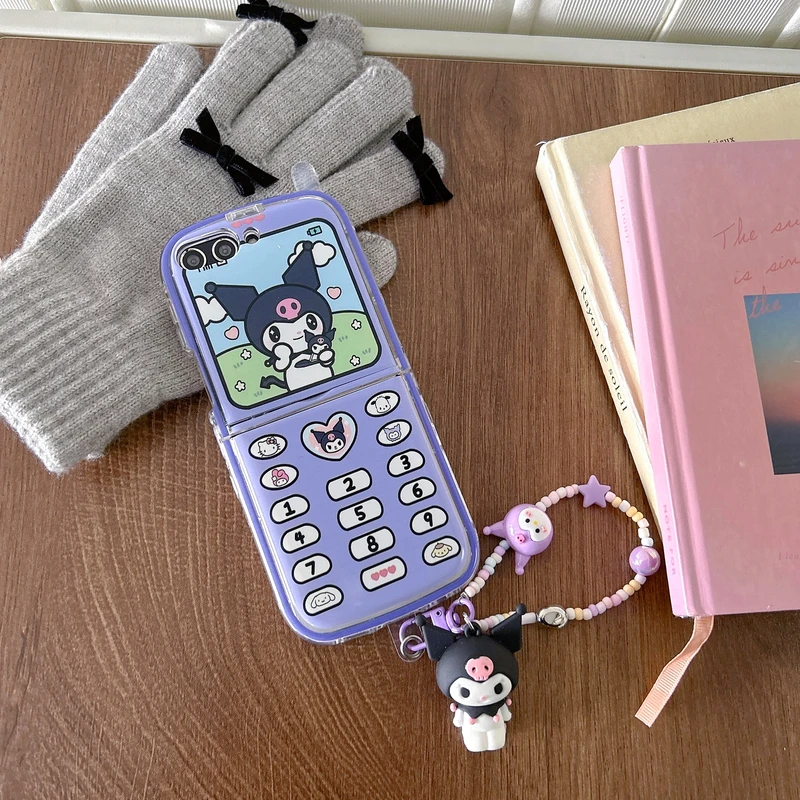 3D Cute Cartoon Sanrio Kuromi  Melody Phone Case For Samsung Galaxy Z Flip 6 5 Soft TPU Cover For Z Flip 3 4 With Lanyard