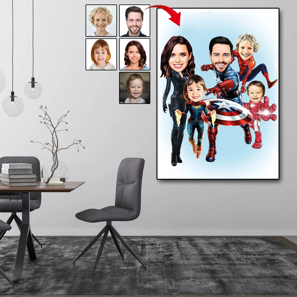 Custom Superhero Cartoon Canvas Poster Personalized Family Portrait Superhero Cartoon Caricature Print Poster Fathers Day Gift