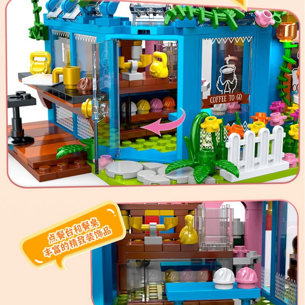 MOC Rose Garden ชาดอกไม้ Coffee House Building Blocks ชุดพืช Sunshine Shop Hut DIY ของเล่นเด็กวันเกิดวันหยุดของขวัญ