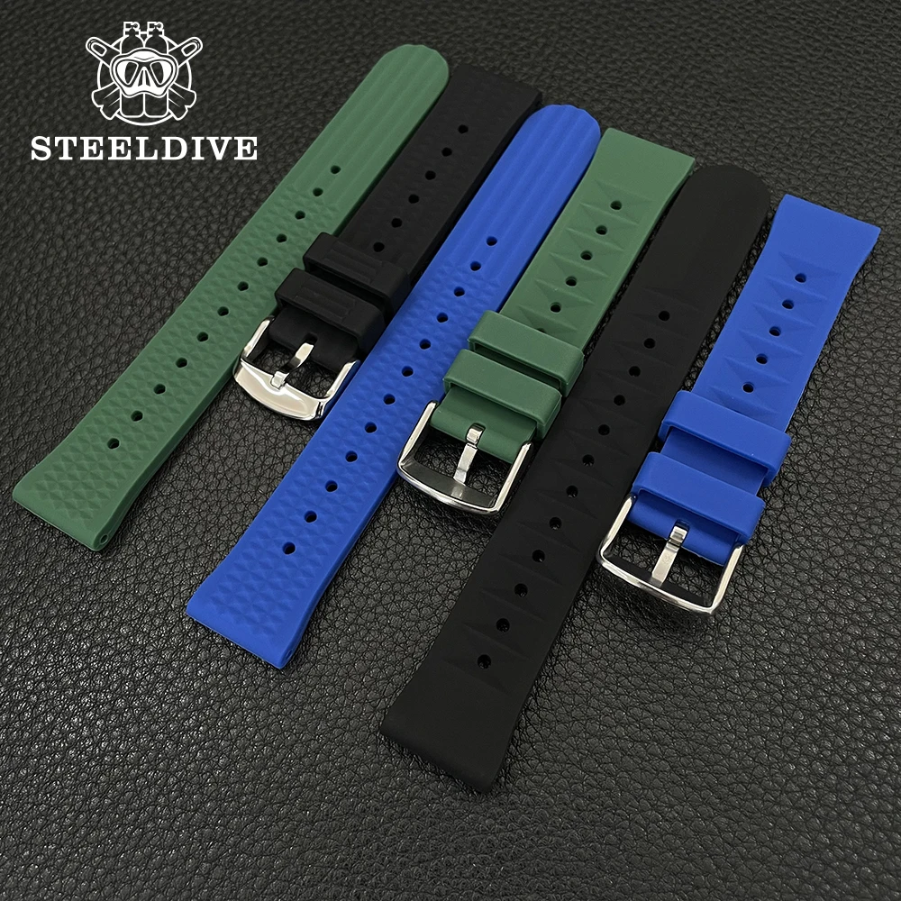 STEELDIVE Silicone Strap Waffle Strap Black/Green/Blue 20MM/22MM Width Classic Strap