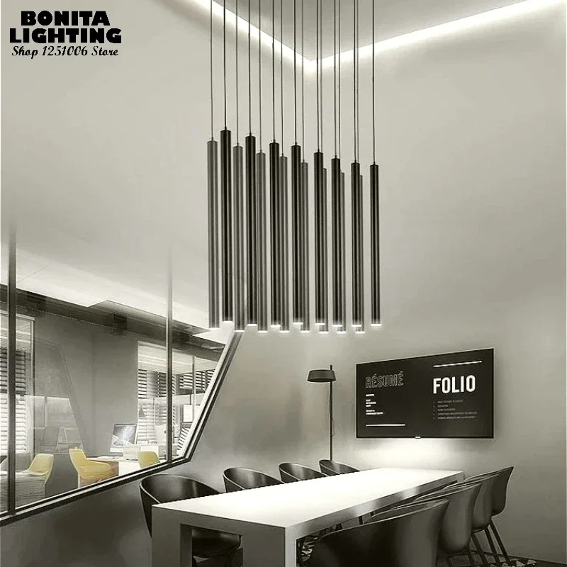 Modern Linear Tube Pendant Light Black Long Cylinder Hanging Lamp Multi-Tube Cluster Fixture for Office Restaurant Hotel Lobby
