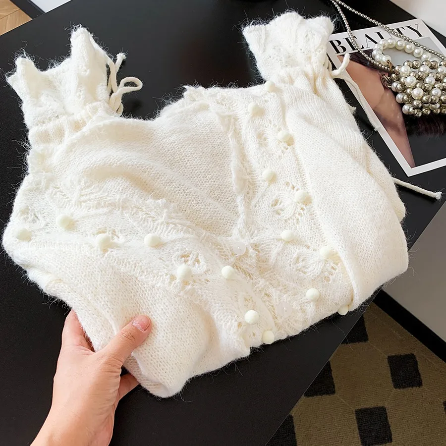 

Women Knitted Hook Flower Hollow Wool Ball Knitted Sweater Long Sleeved Cardigans V Neck Solid Sweater