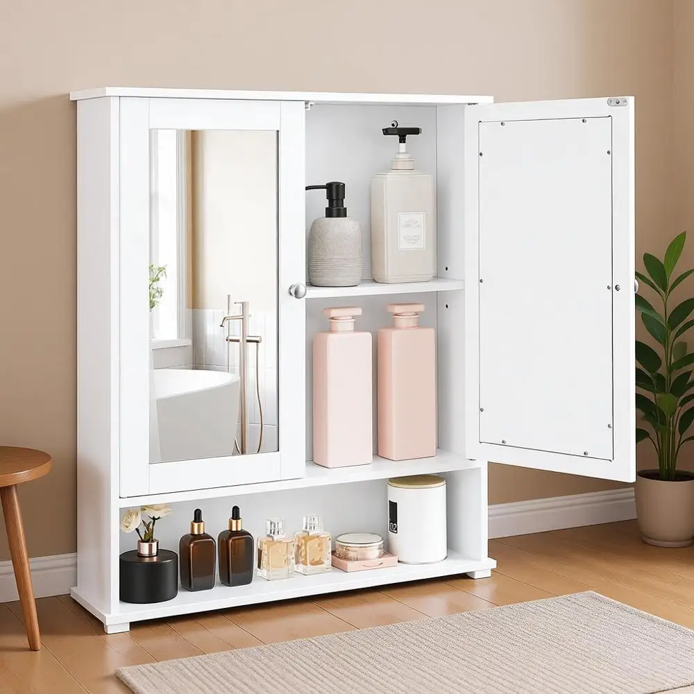 

Настенный шкаф для ванной комнаты с 2 зеркальными дверцами, регулируемыми полками, открытым отделением, 5,9 x 25,6 x 29,5 дюймов, белый
