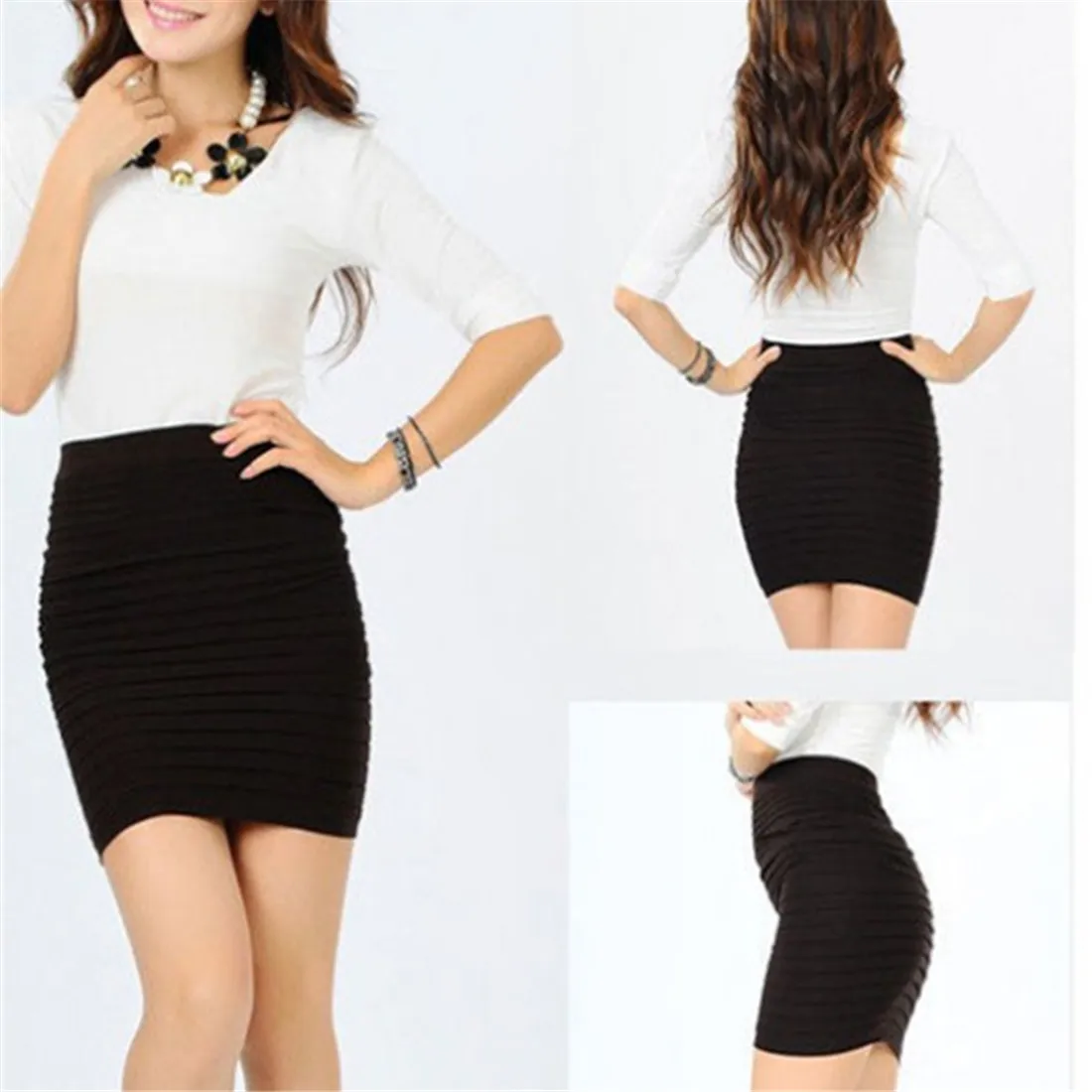 1pcs Sexy Lady Pencil Skirts Summer Women High Waist Pleated Skirt Solid Color Elastic For Office Lady Draped Slim Mini Skirt