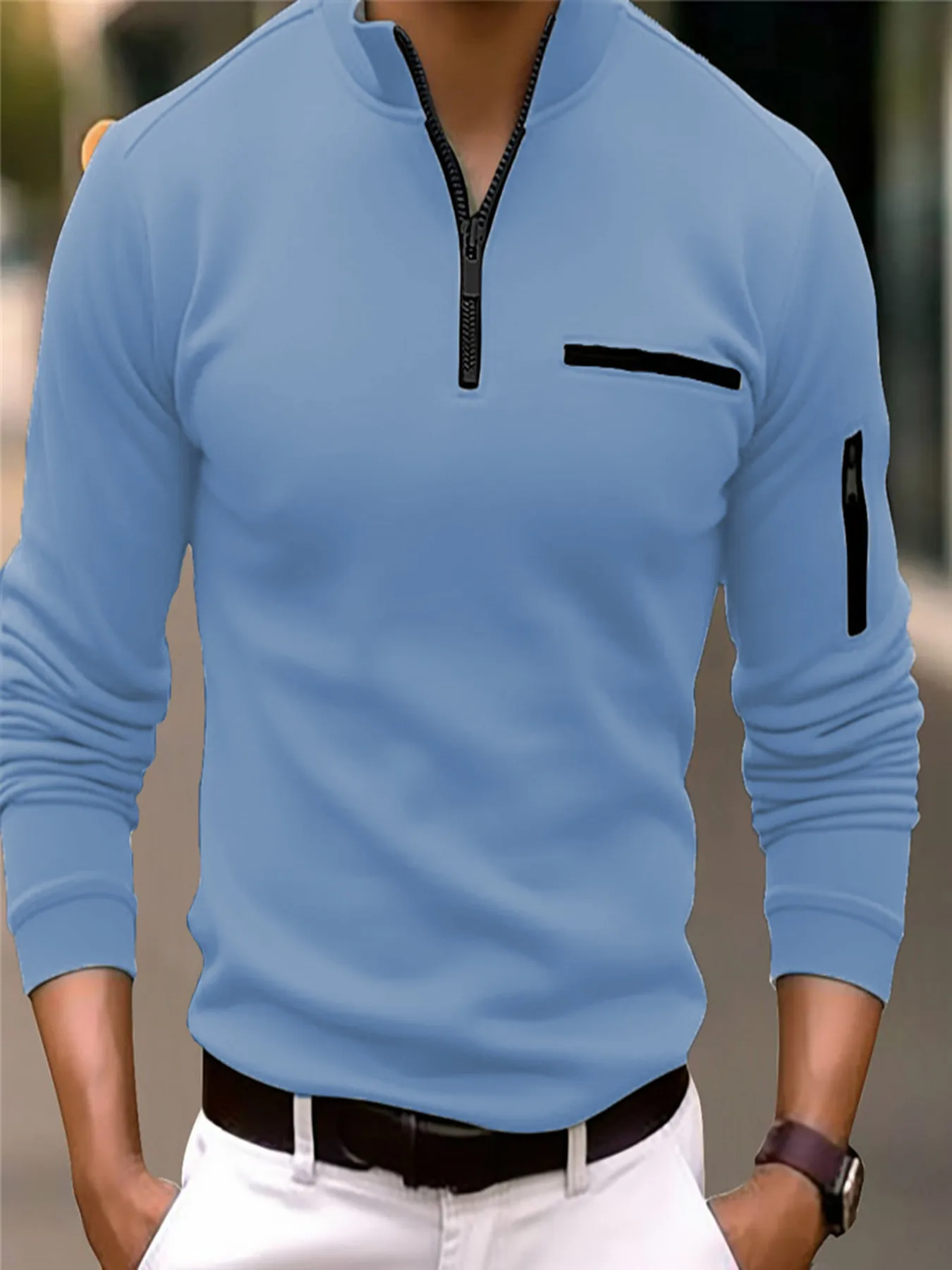 POLO de calle de color sólido para hombre, Camiseta deportiva informal con cremallera, tipo suelto, primavera y otoño, nuevo