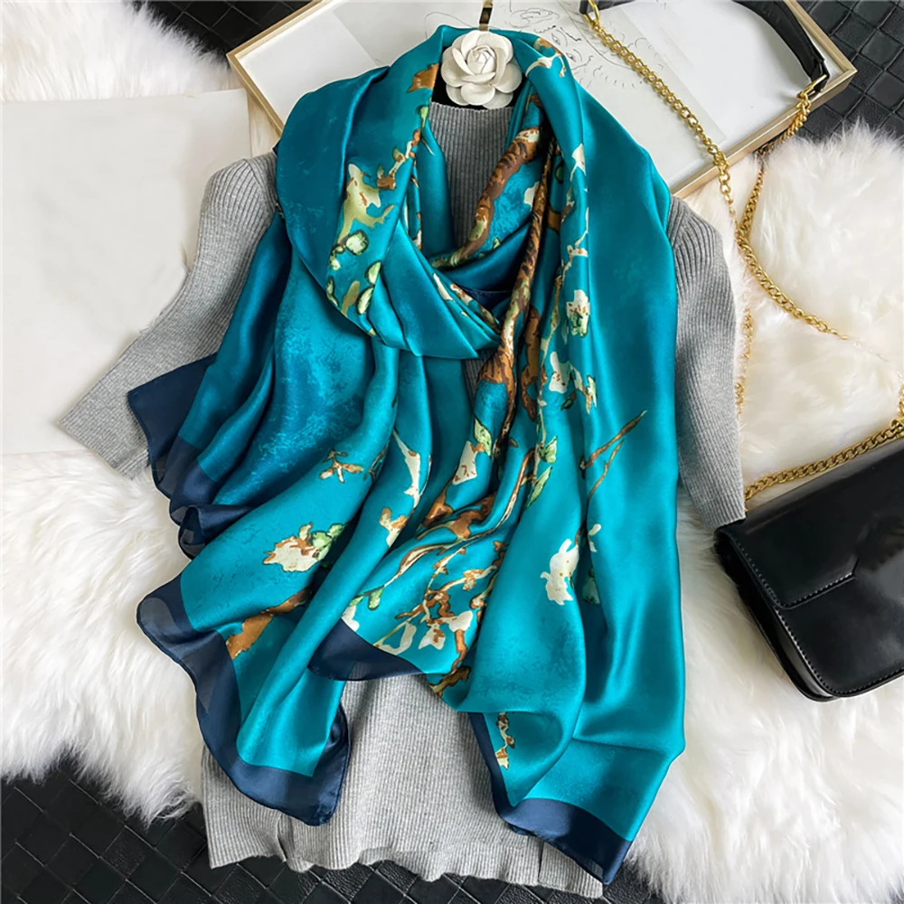 Fashion Imitation Silk Satin Scarf Printed Floral Shawl Women Lightweight Scarves Beach Travel Outdoor Sunscreen Hijab 180*85cm