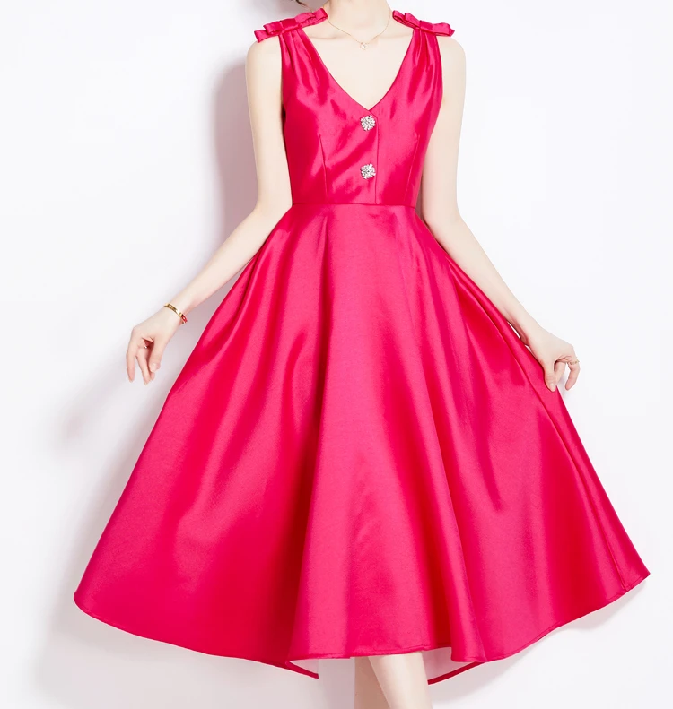 

Black Satin Women Dress Bodycon Diamonds Button Bow Vintage Party Dresses Ladies Runway Design Elegant Womens Clothing V NECK