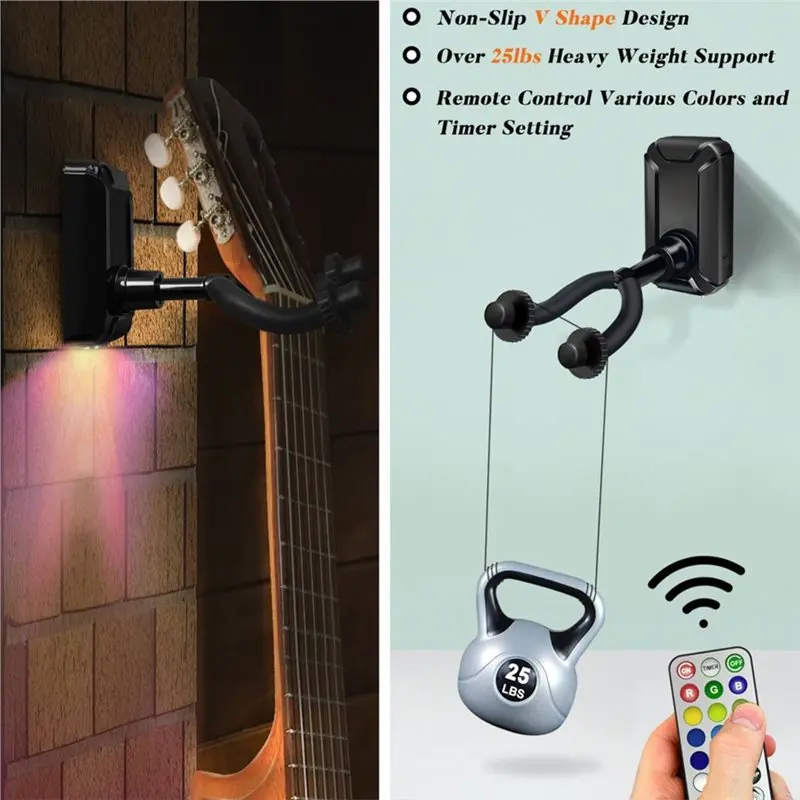 A84E-LED Guitar Wall Mount Hanger RGB Guitar Hook For Home Studios, Bedroom Setups, Music Rooms, And Guitarist Decor