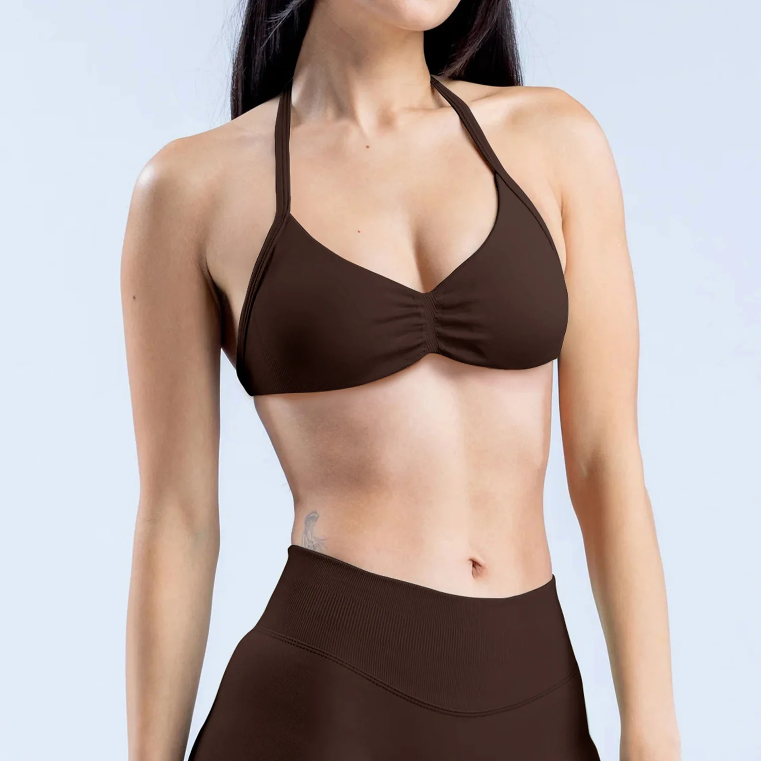 Women Seamless 2 Piece Sports Set Halter Bra High Support Open Back Quick Dry High Stretch High Waist Shorts Yoga Gym Workout
