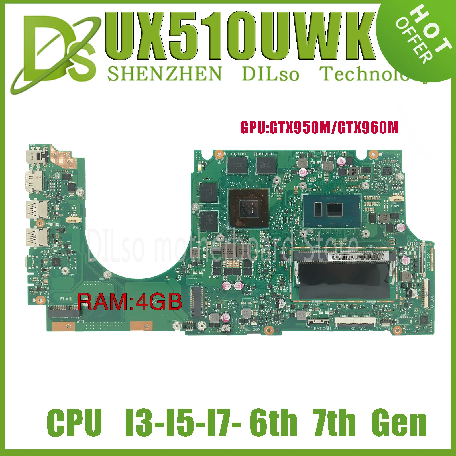 

UX510UX Laptop Motherboard For ASUS ZenBook UX510UW UX510UX UX510UXK Mainboard I3 I5 I7 6th 7th Gen GTX950M GTX960M GPU RAM 4GB