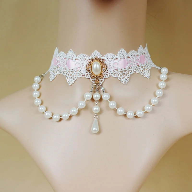 New Arrival Women's Neck Chain Bride Bridesmaid White Pearl Lace Wearing Pink Ribbon