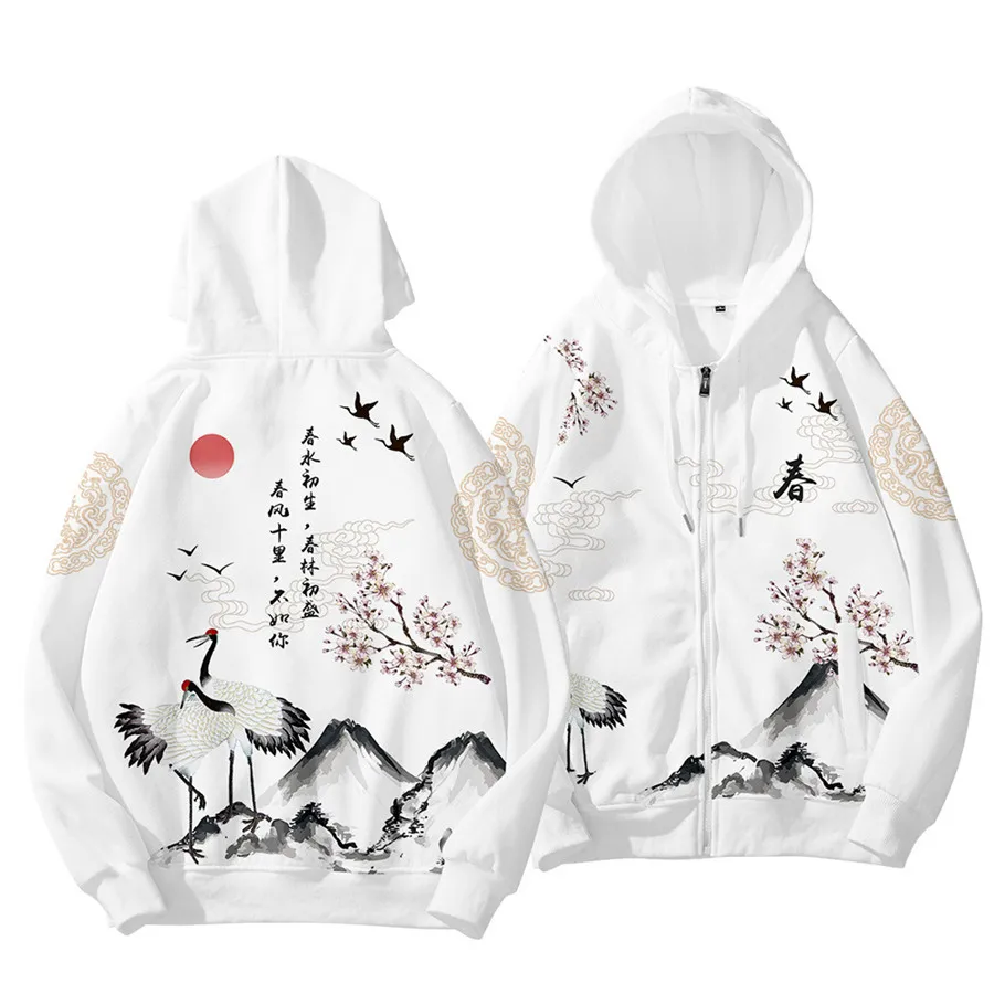 2024 Autumn Japanese Style Chinese Crane Print Clothing New Men\'s Hoodies Male Sweatshirt casual long sleeve Zipper Oversize 6XL