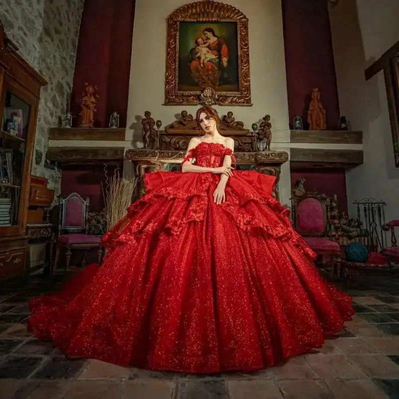 

Elegant Red Ball Gown Party Dress 2024 Sweetheart Mexico Layers Sequin Quinceanera Dress Princess Sweet 16 Vestidos De XV Años