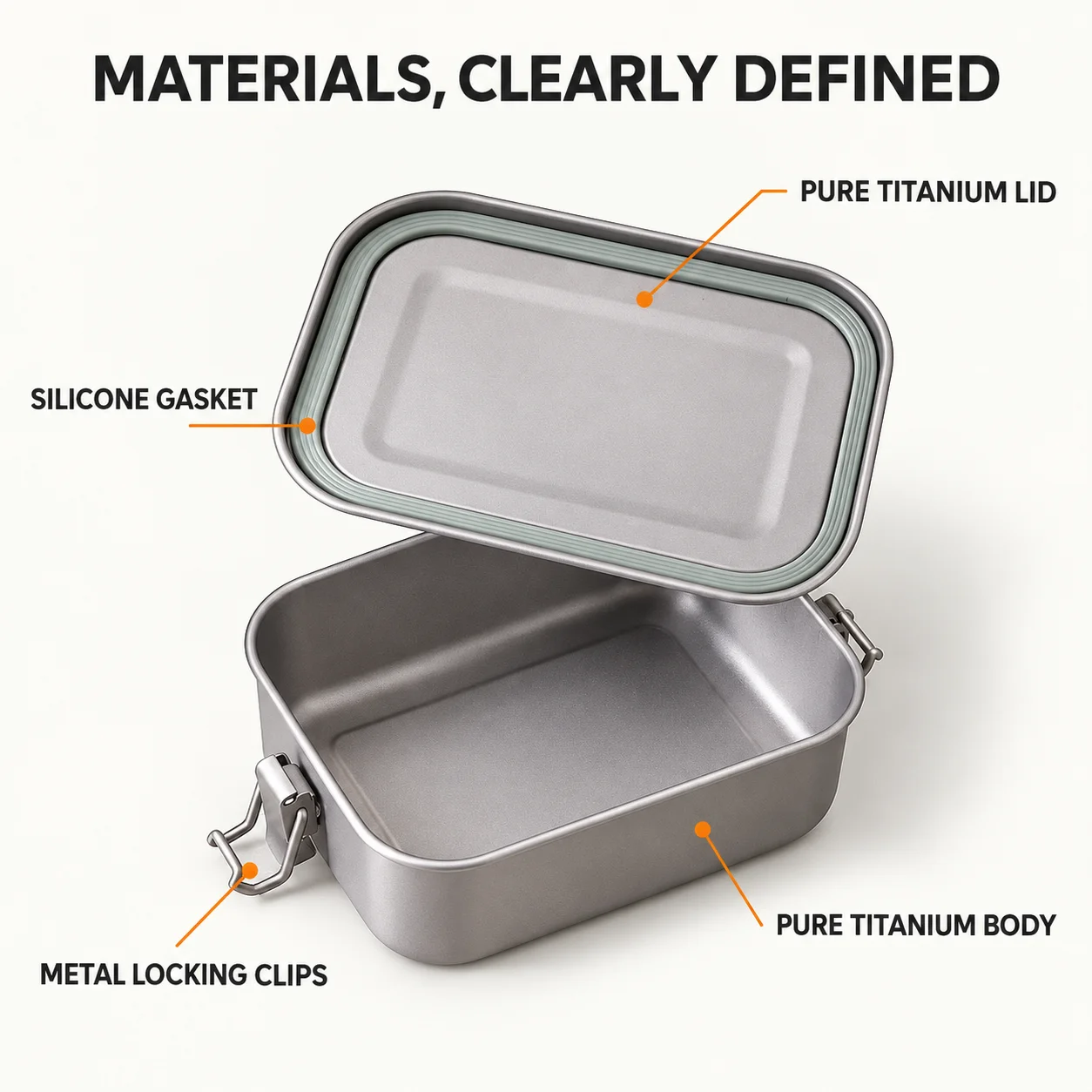 Lunchbox aus reinem Titan mit Deckel, Bento-Box mit Verschlussklammern, 800 ml oder 1200 ml, optionaler, zusammenklappbarer Griff, ideal für Camping und Arbeit. – Detail 2