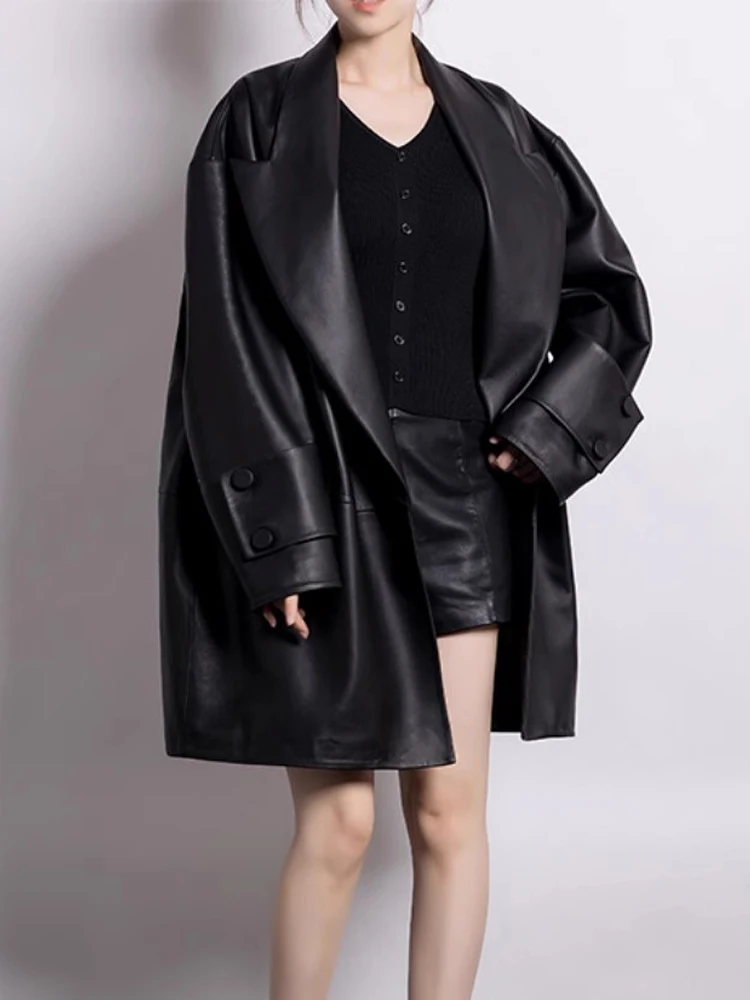Lautaro printemps automne Long noir surdimensionné noir Pu cuir Trench manteau pour les femmes élégant luxe vêtements de créateur Cardiagan 2025