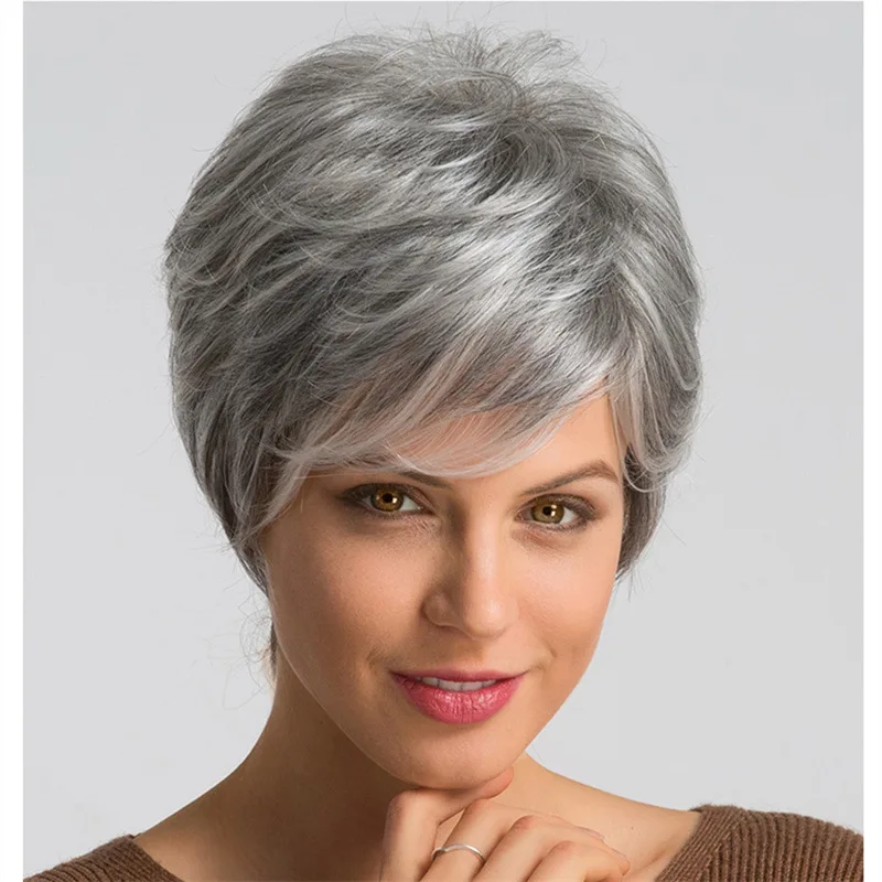 Kurze Pixie Cut synthetische Perücke für Frauen Ombre schwarz gemischte weiße Perücken mit Pony täglich/Party hitze beständiges Haar