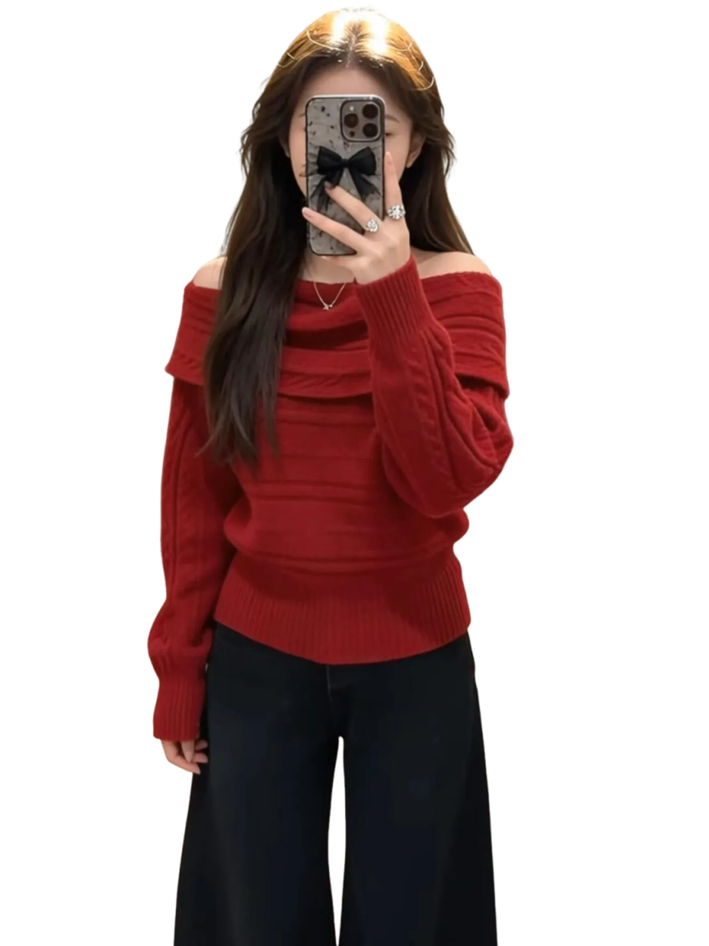 시사스 새해 레드 니트 스웨터 여성용 레이지 소프트 슬리브 원숄더 트위스트 플라워 겨울 롱 스웨터