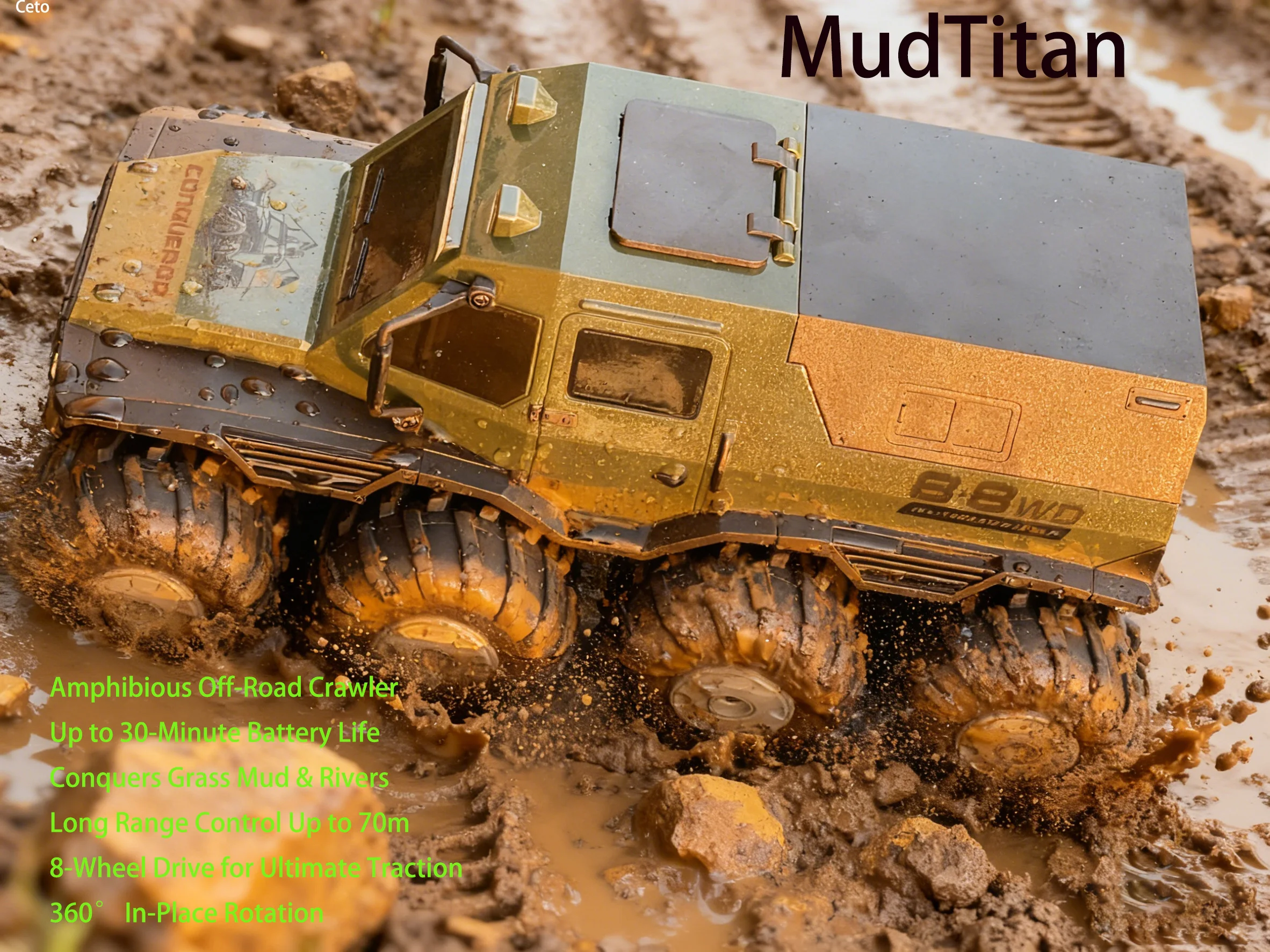 

8-Wheel All-Terrain RC Monster Truck | 70m Range | Drives on Land & Water | 50 Min Play | Amphibious Off-Road Crawler