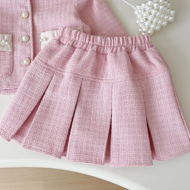 Girls Little Fragrant Skirt Set 2024 Autumn New Girl Pink Cute Skirt Two-piece Set Kids Clothes Girls 2-8y
