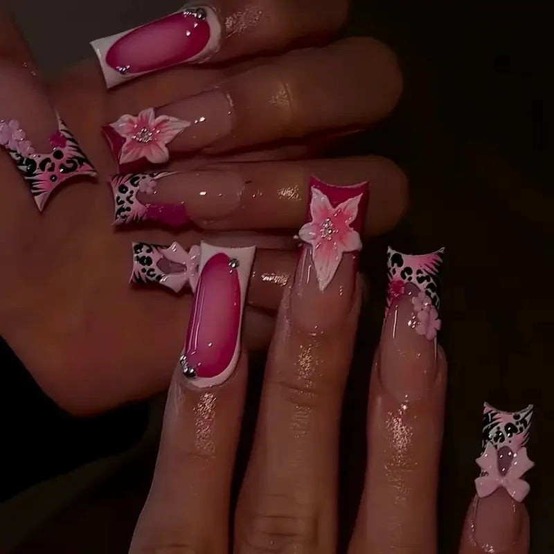 

24Pcs Mid-length Square Head False Nails Leopard Print French Detachable Full Cover Nails Tips 3D Flower Bow Press on Fake Nails