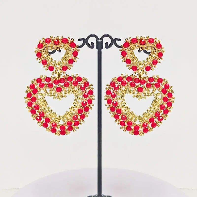 2025 Handmade Bead Earring Heart-shaped Double-deck Crystal Originality Hand Knitting Bohemia Beaded Earrings for Women