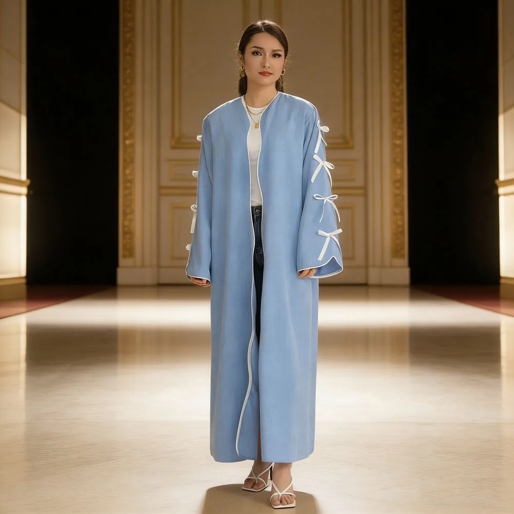 

2026 Новое кимоно-абайя с бантом для женщин, Дубай, Саудовская Аравия, мусульманская скромная одежда, кардиган, халат, кафтан, марокканский стиль, женская мусульманская одежда