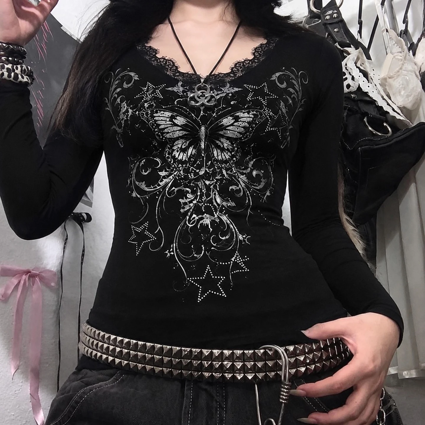[RUOKE] Y2K Gothic Top Women Butterfly Print Lace Trim Long Sleeve T-shirt Vintage Grunge Streetwear Slim Fit Tee Fall Halloween