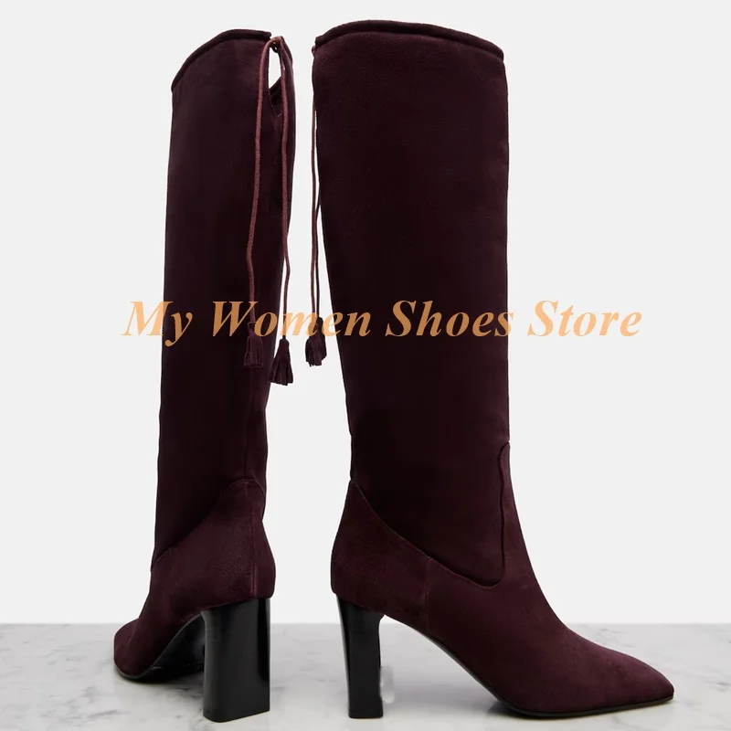 

Dark Brown Block Heel Knee High Boots 2026 Winter Autumn Runway Women Dress Shoes Lace Up High Heel Tassel Suede Footwear