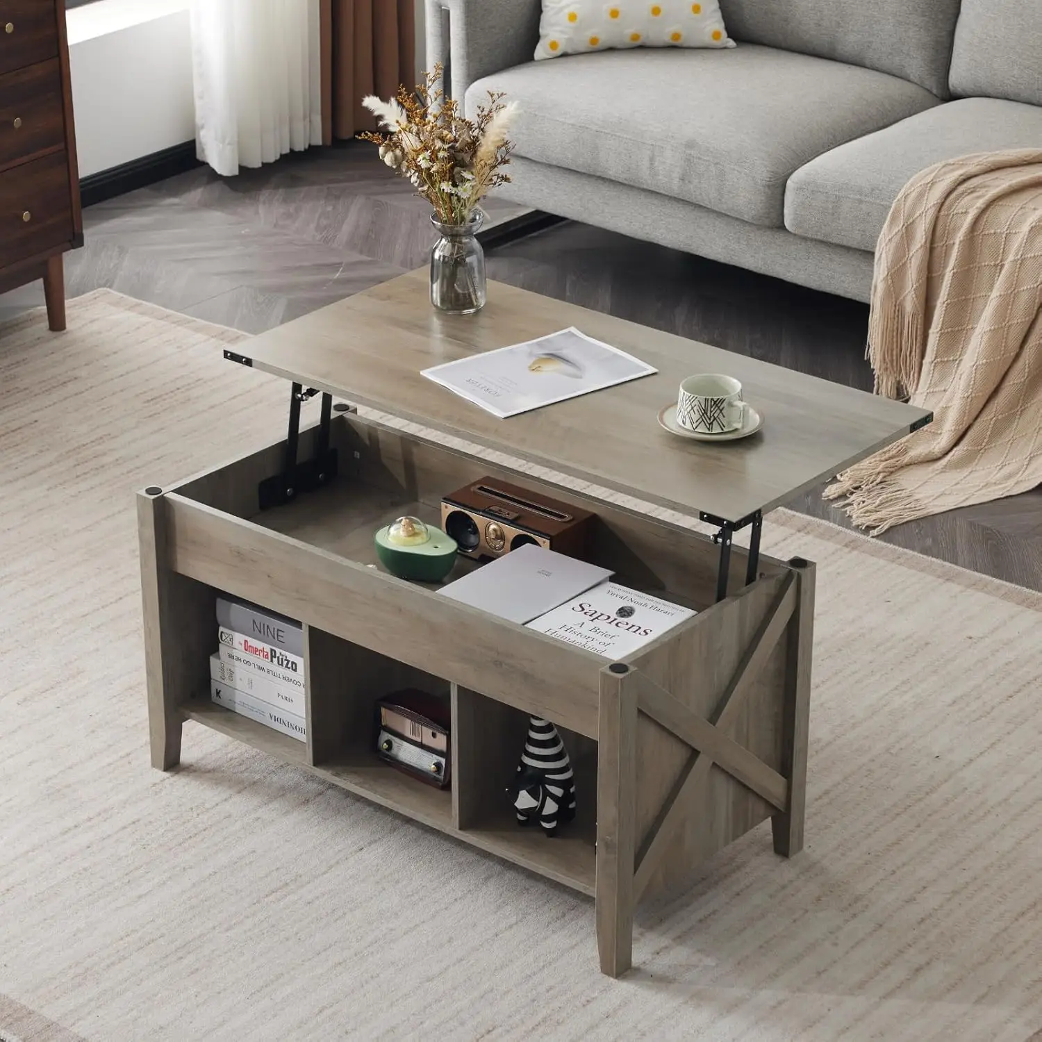 

Farmhouse Lift Top Coffee Table, Rustic Grey with Storage Shelf/Hidden Compartment, Mesa De Centro para Sala