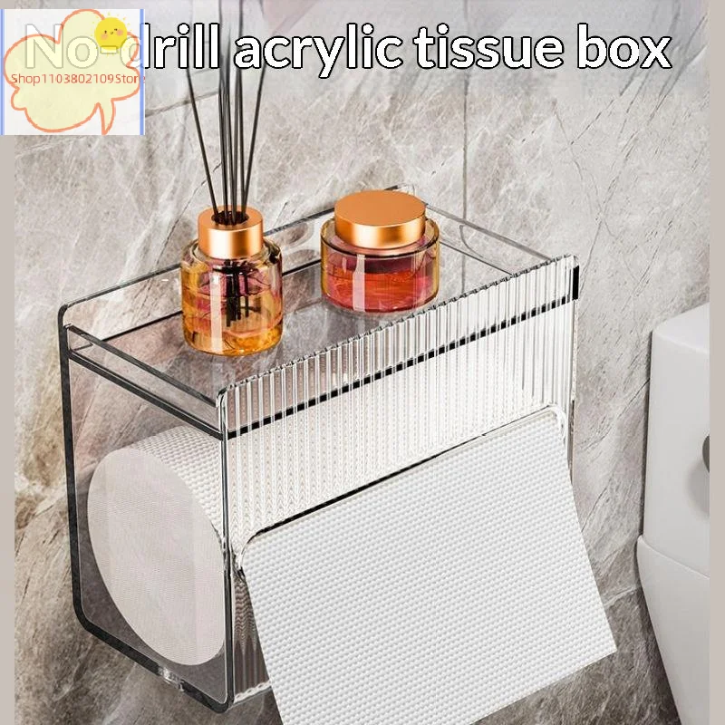 【HT】Clear Acrylic Toilet Paper Holder Wall Mounted with Non-Slip Phone Storage Shelf for Commercial Washroom