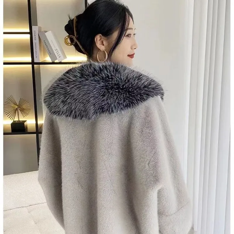 Faux Mink Fur Coats for Women,Fox Fur Collar Jackets,Female Overcoat,Thicken Warm Clothes,Bat Sleeved,Spliced,New,Winter