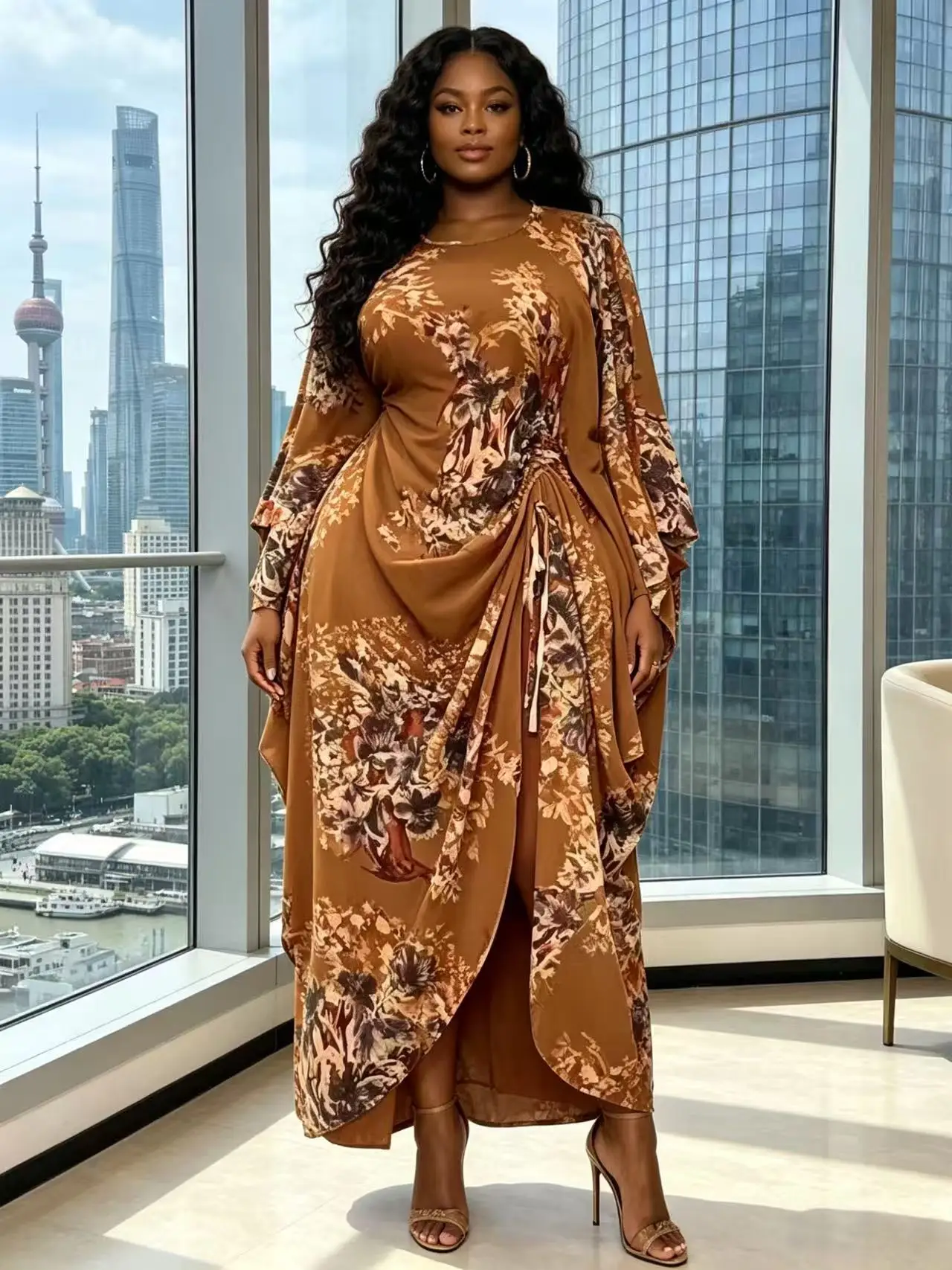 2026 Miyake Pleated Bat Sleeve Print Irregular Loose Suit Drawstring Fashion Wide-leg Pants Two-piece Set Women's Clothing