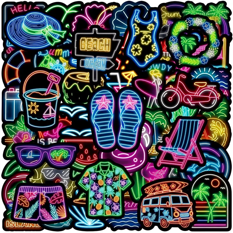 10/30/50PCS Neon Summer Colored PVC Sticker Aesthetic DIY Decoration Phone Laptop Luggage Skateboard Graffiti Decals