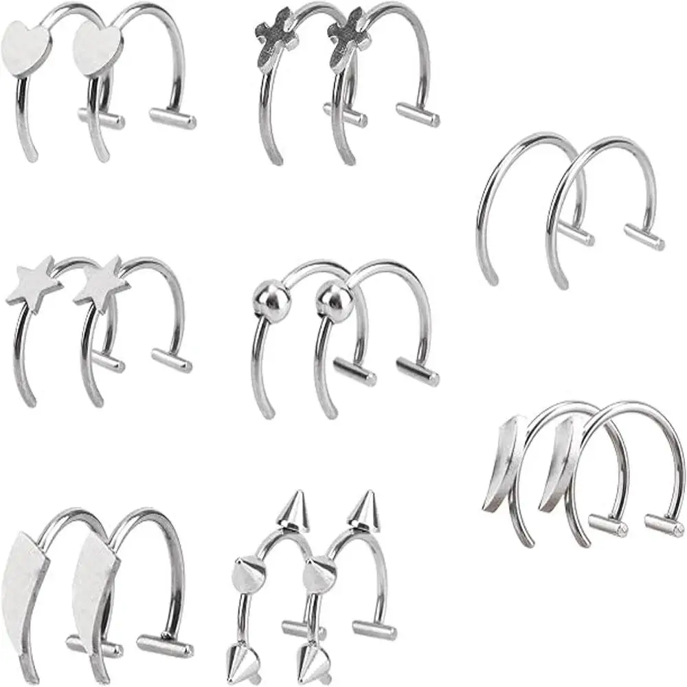 1/8Pairs Fake Lip Rings Set Stainless Steel Shiny Non Piercing Lip Cuff Adjustable Clip on Fashion Body Jewelry for Women Men