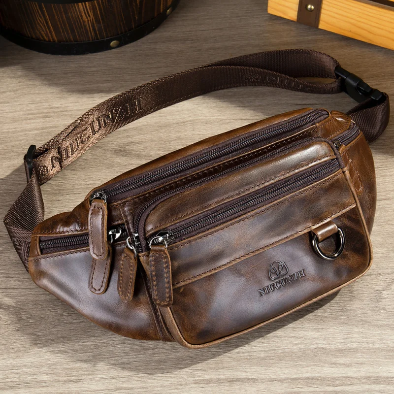 Cross-border genuine leather men's waist bag mobile phone bag for business top-layer cowhide chest bag multifunctional sports