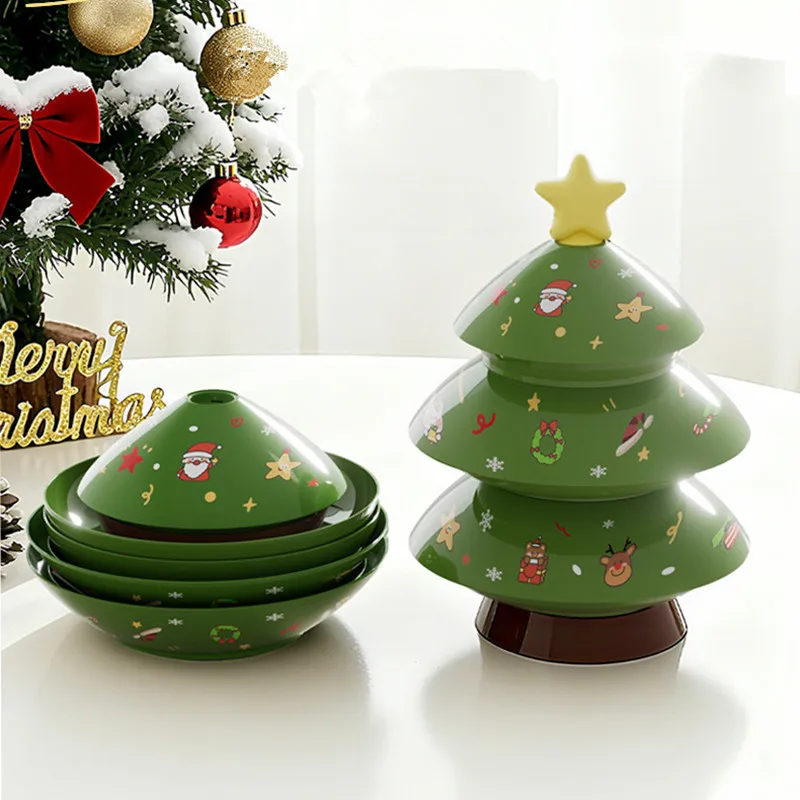 3 Layer Christmas Creative Christmas Tree Shape Candy Snacks Nuts Dry Fruits Plastic Plate Snack Dishes Bowl Breakfast Tray