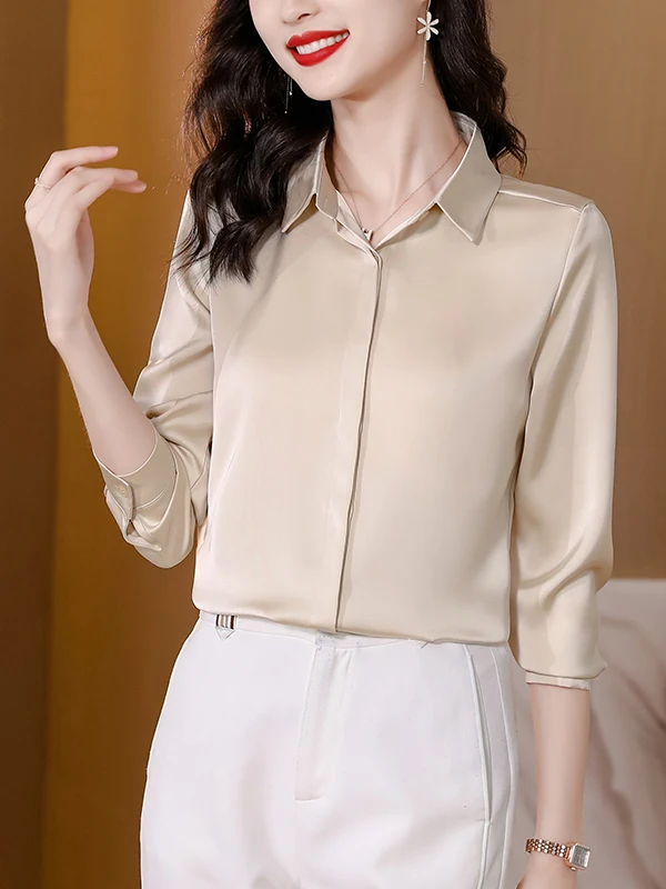 Ele Slimming Long Sve Silk irt Simple Pure Color Outlet Store Women's Faionable Busin Casual  Ne Button up