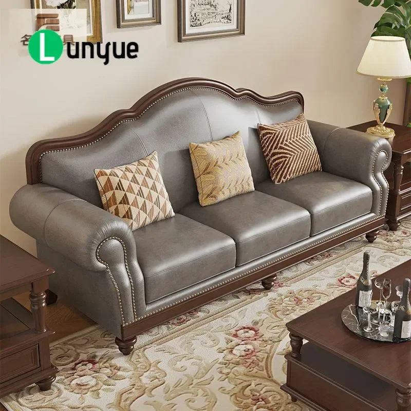 American Retro Leather Sofa Solid Wood Frame First Layer Cowhide Simple High Value Straight Row Living Room Combination Villa
