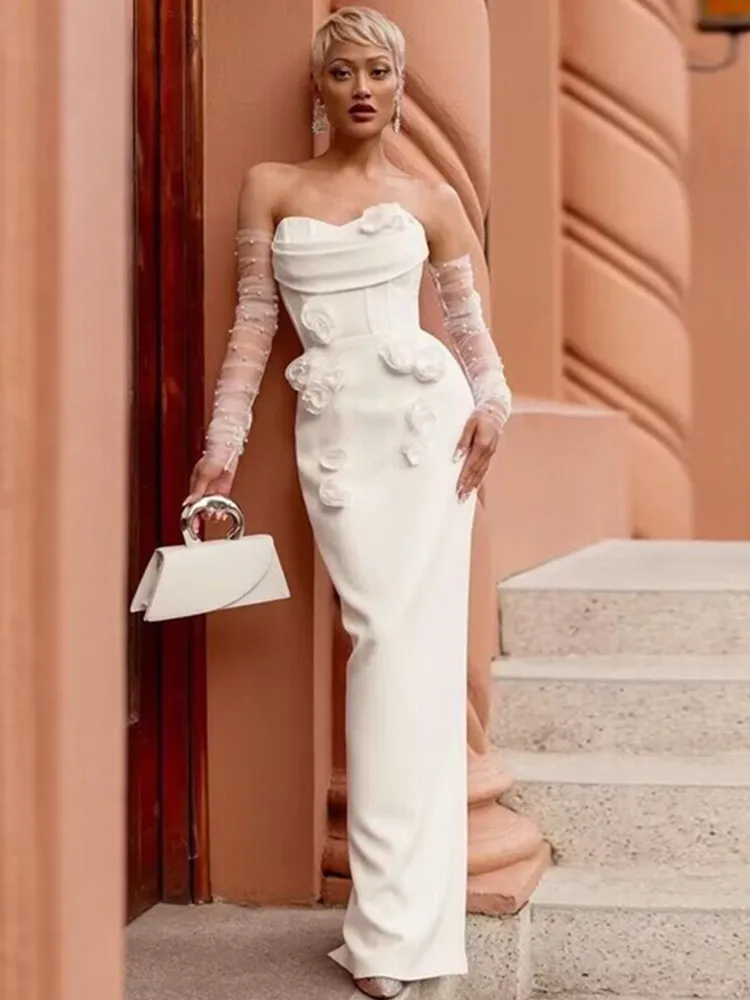 Women Celebrity Sexy Strapless Backless Flower White Maxi Long Bodycon Bandage Dress 2024 Elegant Evening Club Party Dress