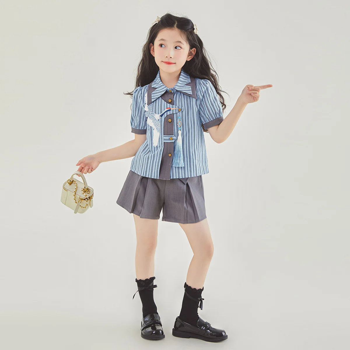 Ensemble de vêtements d'été pour petites filles, chemise rayée + short irrégulier, style académique pour enfants