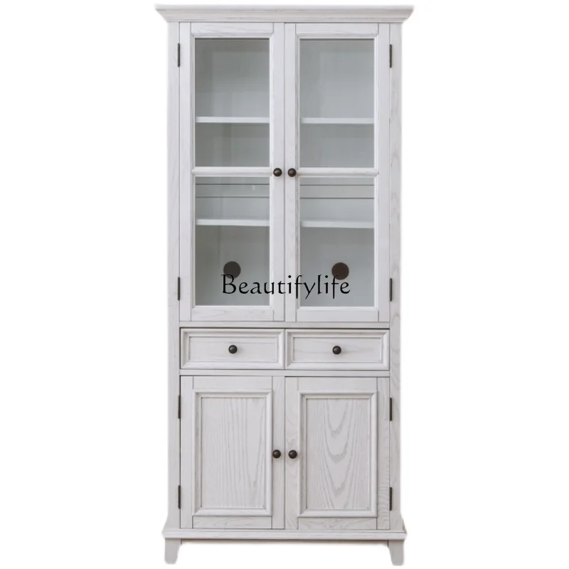 

American rural pure solid wood glass door two doors bookcase side cabinet vertical cabinet double door wine cabinet white old