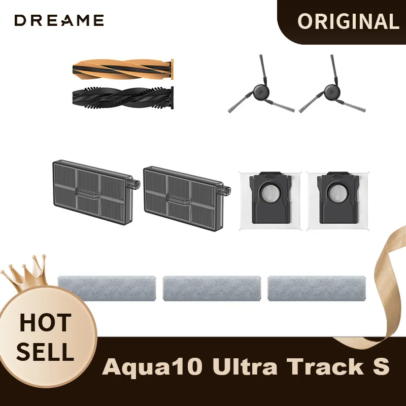 

Оригинальный комплект аксессуаров Dreame для пылесоса Aqua10 Ultra Track S: боковая щетка, HEPA-фильтр, мешок для пыли, запчасти и аксессуары.