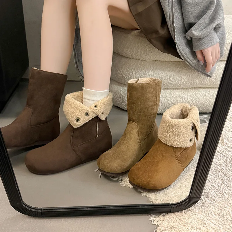 

2025 New Women's Furry Winter Boots Retro Flat Bottom Casual Warm Plush Lined Snow Boots for Women Solid Suede Fur Cotton Shoes