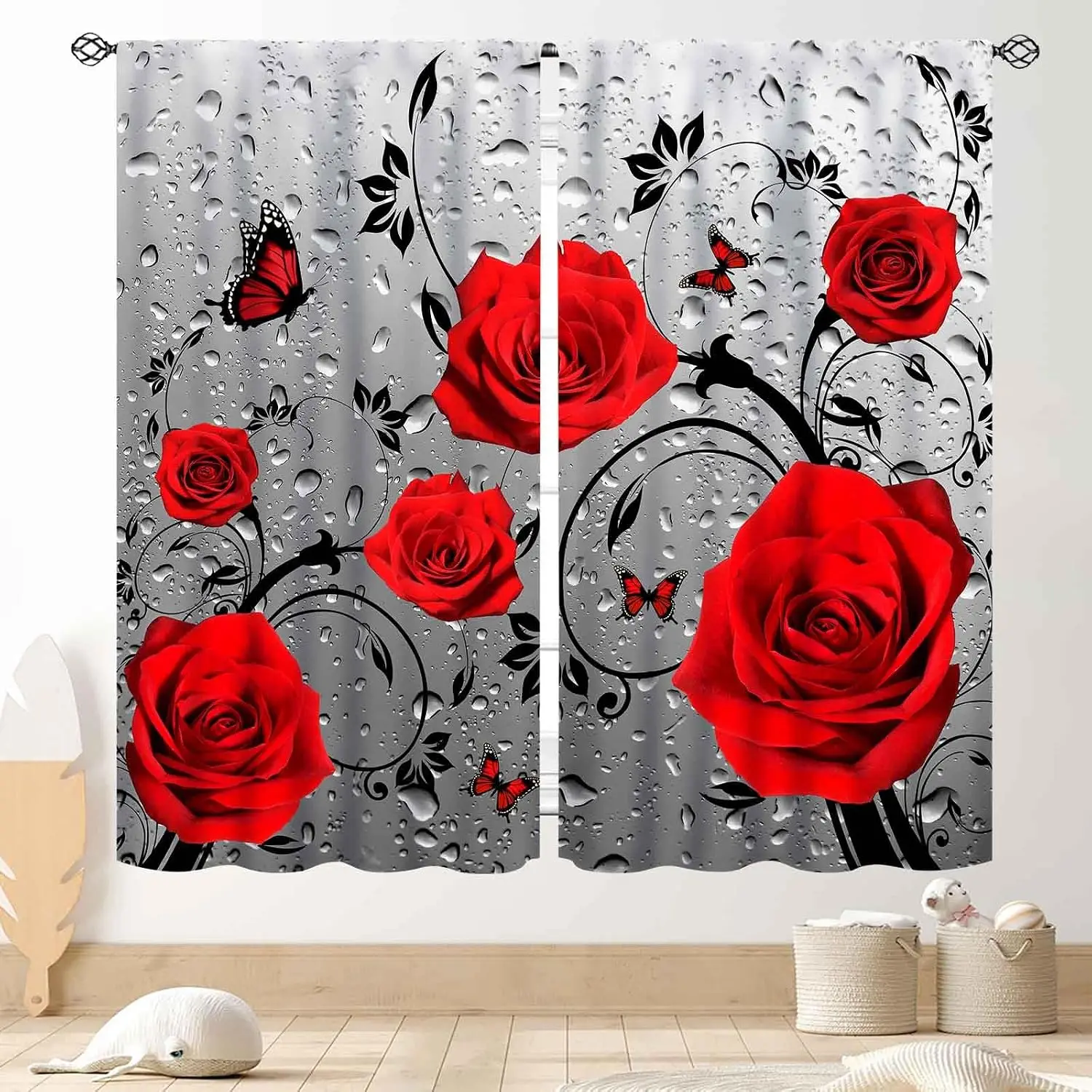 Red Rose Butterfly Curtain 2 Panels, Dew Drop Black Vine Gray Background Print, Drapes for Bedroom Romantic Decor Curtain
