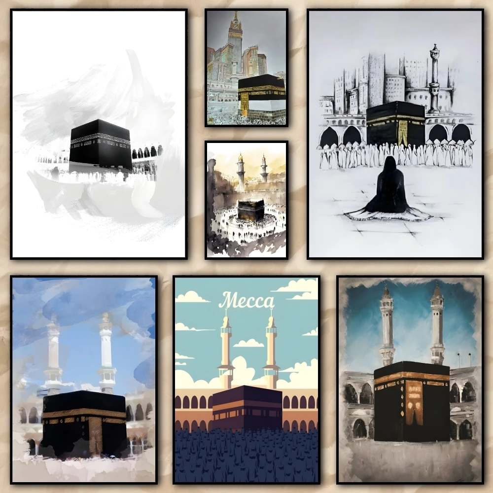 1PC--Mecca attractions retro Painting Calligraphy pictures Room Home bedroom interior wall decoration Canvas Poster art mural