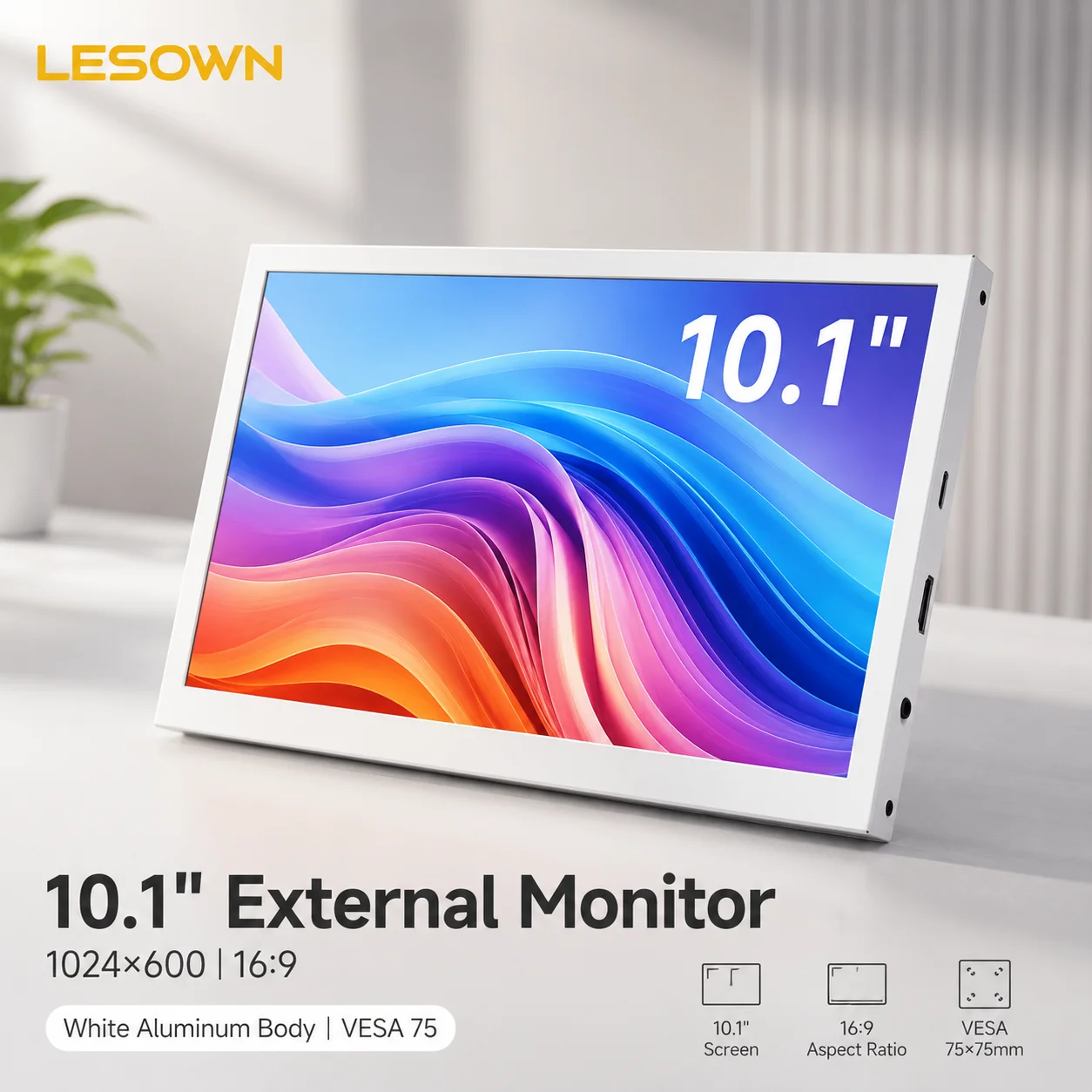 LESOWN Aluminium White 10.1'' Driverless Secondary Screen RPi Screen 1024x600 HDTV Easy Setup 60Hz
