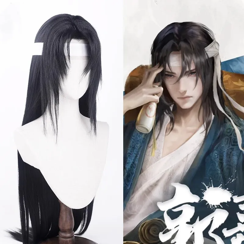 Already Styled Anime Lace Wig Guojia Three Kingdoms Straight Synthetic Black Long Cosplay Hair + Wig Cap