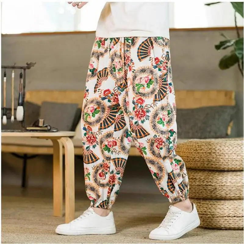 

Plus Size Men's Chinese Floral Dragon Harem Trousers M-5XL Available Soft Elastic Waist Drawstring Pants for Man Loungewear